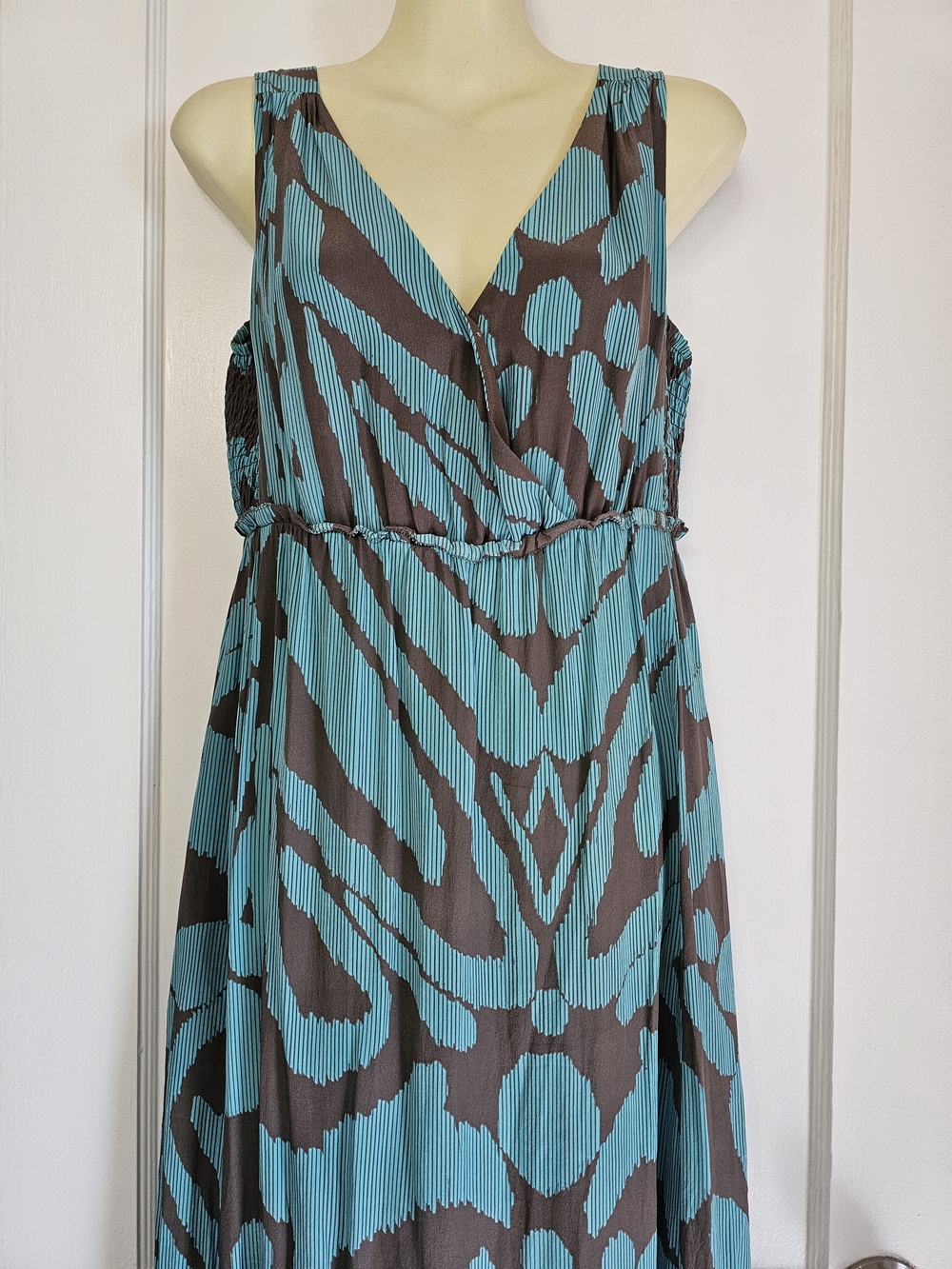 Banana Republic Silk Sleeveless Teal and Brown V-Neck Maxi Dress